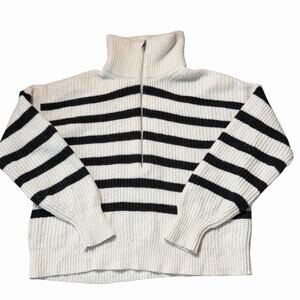 Everlane 100% Wool Off White Black Striped Half-Zip Sweater Size S Mock Neck